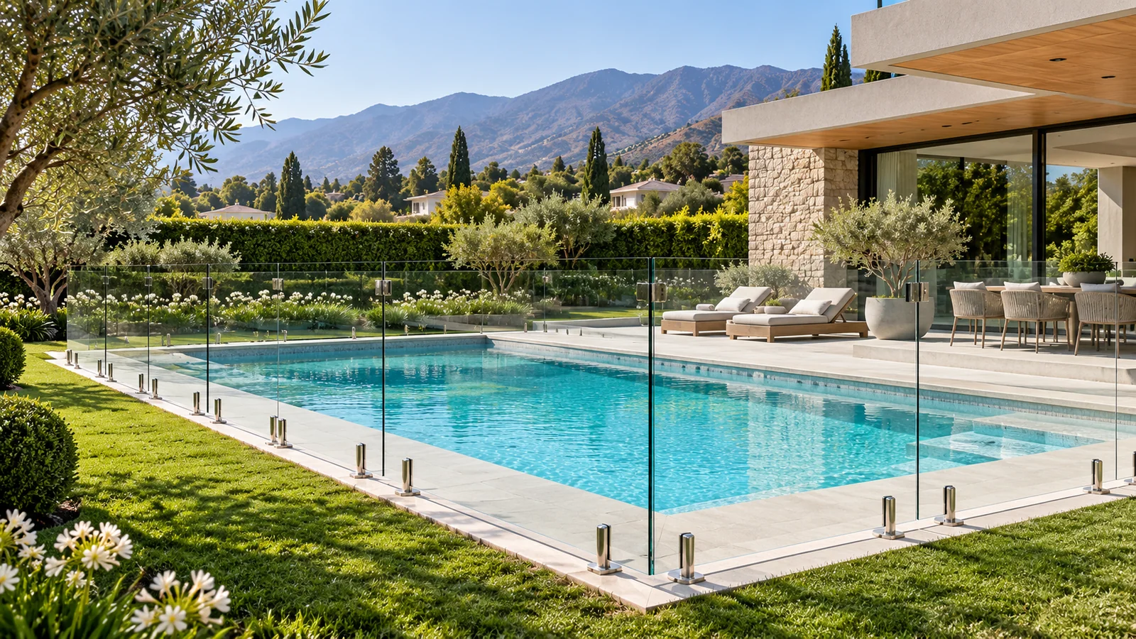 Una piscina residencial delimitada con paneles de vidrio
