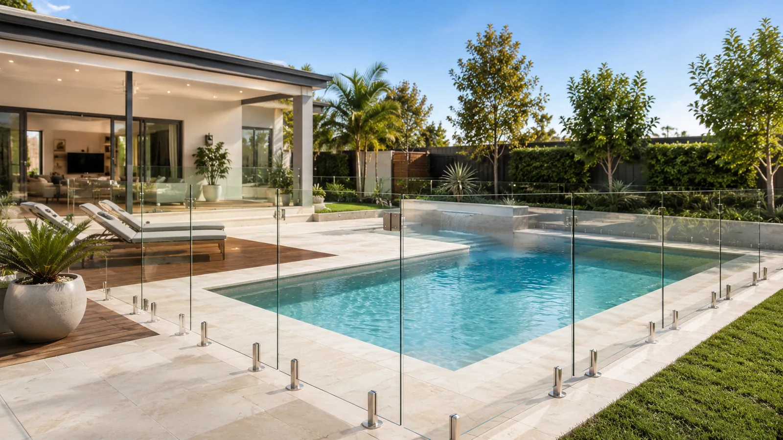 Cierre de vidrio para piscina residencial de arquitectura contemporánea