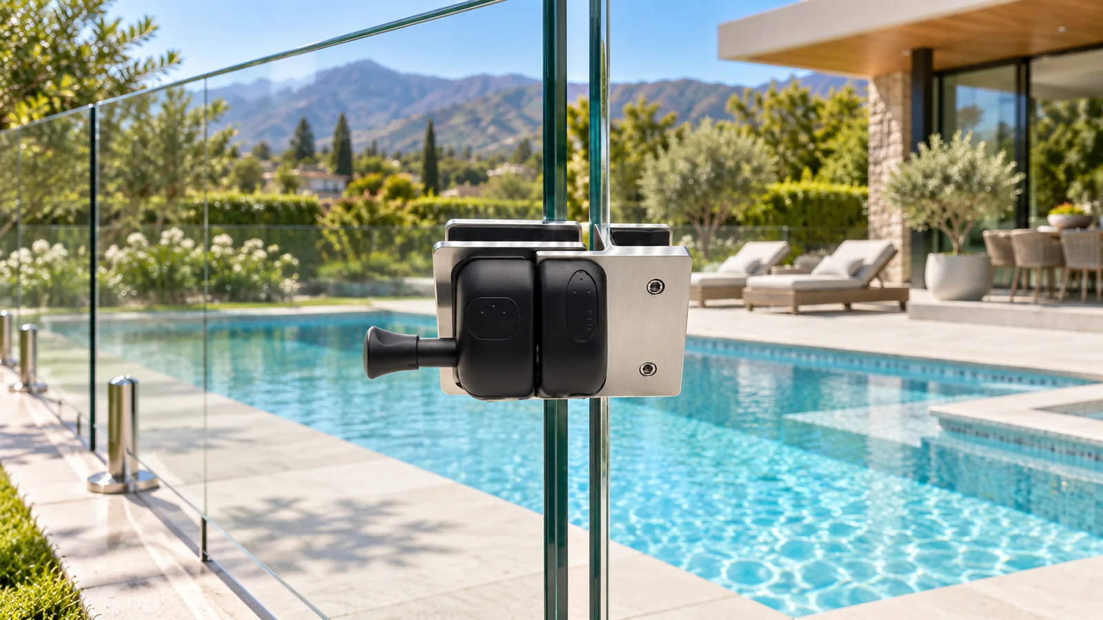 Puerta de vidrio para piscina con sistema de cierre integrado