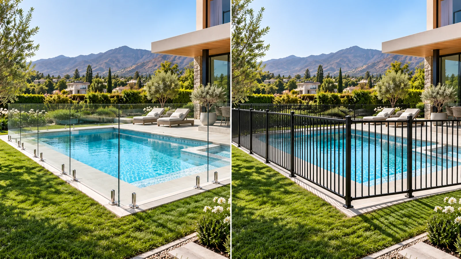 Comparación visual de cierre de vidrio y reja metálica alrededor de una piscina