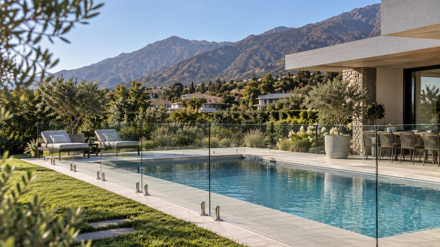 Cierre de vidrio alrededor de piscina con jardín amplio en Chicureo y Piedra Roja